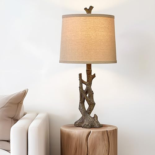 Rustic Farmhouse Table Lamp Set - Twig Dark Brown with Oatmeal Shade for Bedroom & Living Room