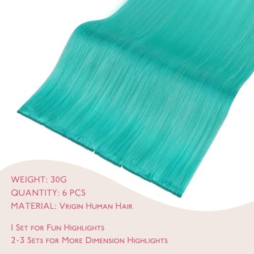 Colorful Clip-In Hair Extensions - Teal Green 16 Inch Human Hair, 6 Pieces