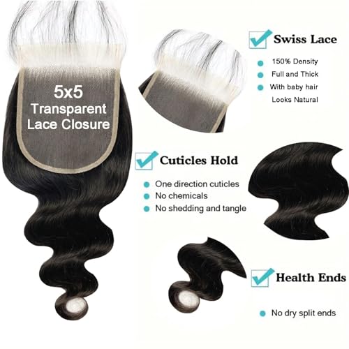 5x5 HD Lace Closure Human Hair 16 Inch Body Wave Natural Color - Bleached, Pre-Plucked