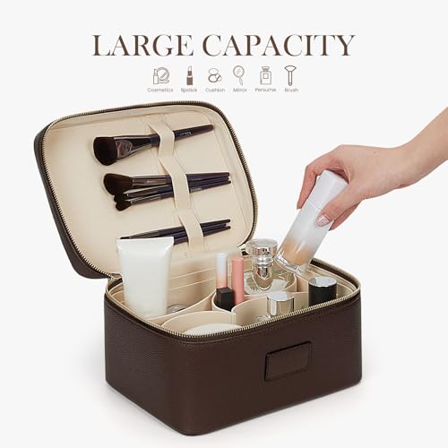 HiTotes Large Waterproof Leather Makeup Bag with Removable Divider - Coffee