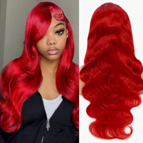 Red Lace Front Human Hair Wigs 20 Inch Body Wave - Dorashion