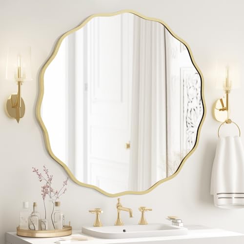 Gold Wavy Round Wall Mirror 32 Inch for Bathroom Bedroom Living Room - Modern Aluminum Frame, Decorative Mirror