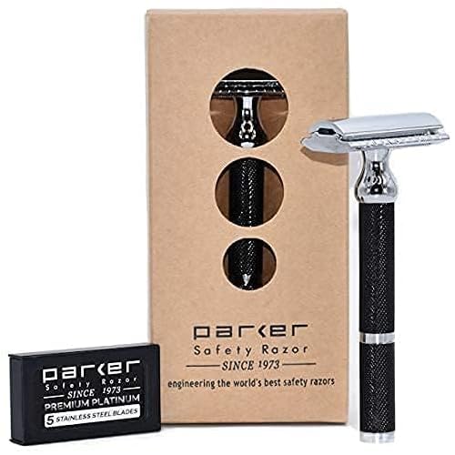 Parker 71R Medium Weight Long Handle Double Edge Safety Razor with 5 Parker Platinum Stainless Steel Razor Blades - Black Electroplated Brass Handle