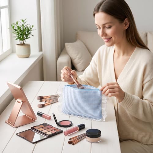 Seersucker Cosmetic Bag for Women - Light Blue 8 Pcs Set with Lace Trim - Travel & Makeup Organizer