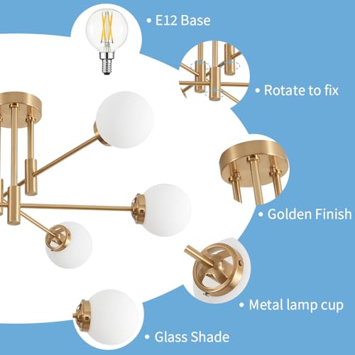 Biewalk Gold 6-Light Sputnik Ceiling Light Fixture with Milk White Glass Shades - Modern Adjustable Chandelier