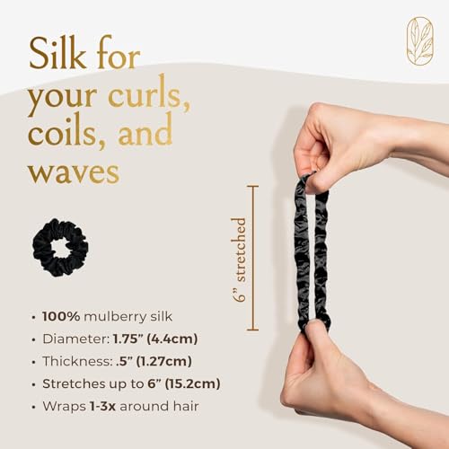Curlfriend 4 Pack Mini Mulberry Silk Scrunchies for Women - Onyx Black, Gentle Curl Hold