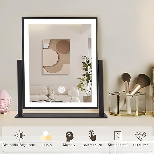 Beelux Vanity Mirror with Lights,15.3" Makeup Mirror with Light Smart Touch Control Dimmable 3 Modes Lighted LED Mirror 360¡ÆRotation Black for Christmas Birthday Thanksgiving Mother's Day