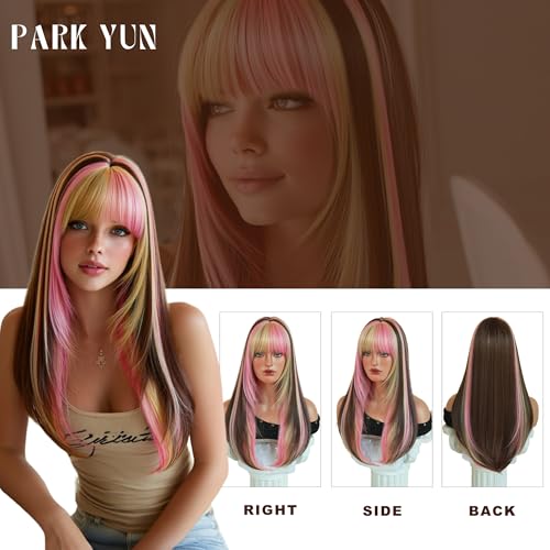27 Inch Brown Layered Wig with Pink Blonde Highlights & Bangs - Pink Blonde Chunky Highlights
