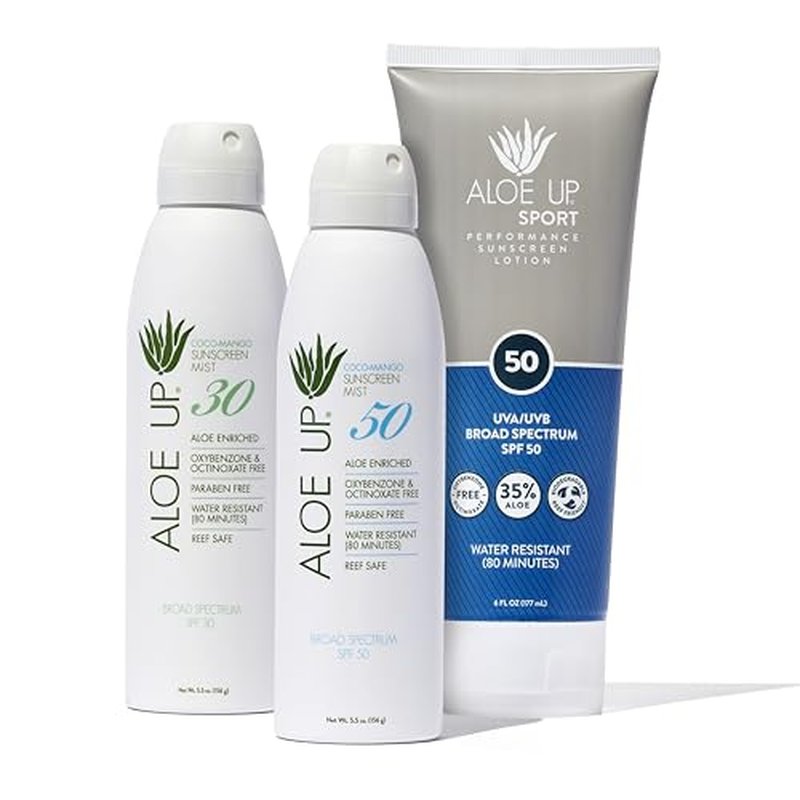 Aloe Up White Collection Sunscreen Spray SPF 50, White Collection Sunscreen Spray SPF 30, and Sport Sunscreen Lotion SPF 50 - Bundle with Face and Body Sunscreen Protector - Reef Friendly - 3 Items