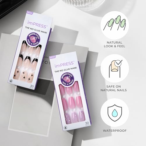 KISS imPRESS No Glue Mani Press On Nails, Design, 'Kingdom', Pink, Short Size, Squoval Shape, Includes 30 Nails, Prep Pad, Instructions Sheet, 1 Manicure Stick, 1 Mini File