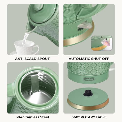 1.5L Ceramic Electric Kettle - Green Embossed Relief Design, Fast Boil, Auto Shut-Off