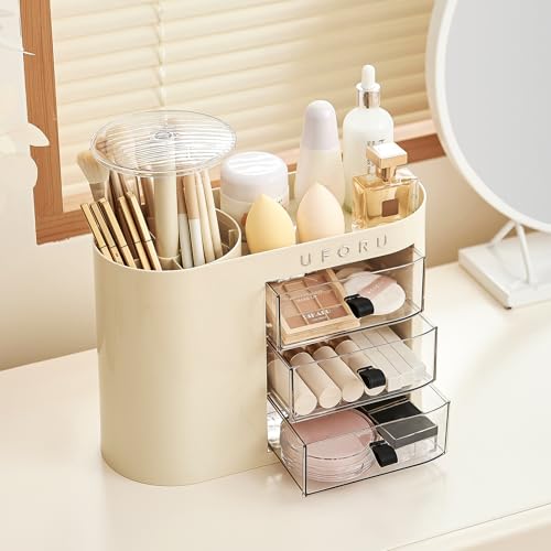 UFORU Makeup Organizer with Pop-Up Brush Holder - Cream White Vanity Storage