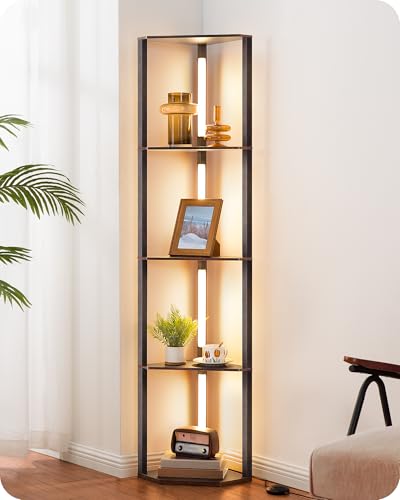Corner Floor Lamp with Wooden Shelf - Black Walnut 64 Inch Modern LED Lighting
