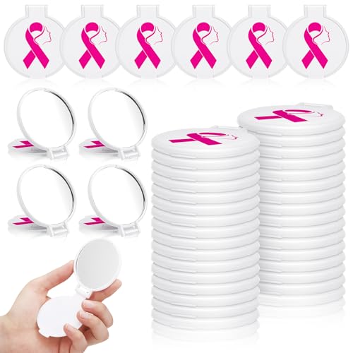 Huwena 100 Pcs Breast Cancer Awareness Accessories Gift Bulk White Pink Ribbon Breast Cancer Compact Mirror for Women Small Pocket Purse Round Portable Folding Makeup Mirror
