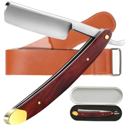 Straight Razors for Men Vintage Straight Razor with Wooden Handle and Steel Straight Razor Blade - Professional Straight Edge Barber Razor Set with Iron Box and Leather Strop