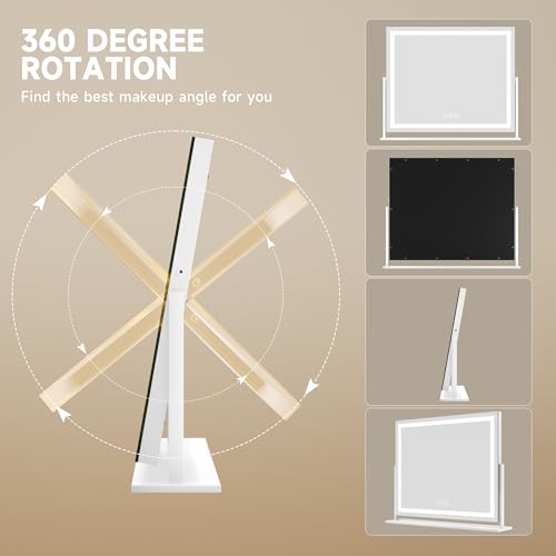 Hasipu Vanity Mirror with Lights, 23.6" x 18.1" LED Makeup Mirror, Light up Mirror with Smart Touch 3 Colors Dimmable, Brightness Adjustment, 360¡Æ Rotation (White)