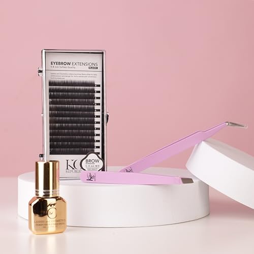 Eyebrow Extensions Premium Kit with 4 Trays of Mink Eyebrows in Light Brown, Brown, Dark Brown, Black, Comes on Mixed Length Trays 5-8 Mm Mix, Eyebrow Premium Glue & Extension Tweezers