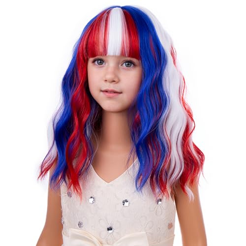 Kids Rainbow 4th of July Wigs - Blue, Red & White Short Curly Costume Wig with Bangs, Adjustable Fit