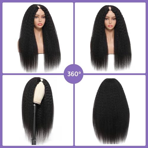Natural Black 20in Kinky Straight V-Part Wig 180% Density, Glueless U Part Short Clip-In