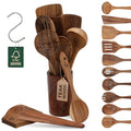 Teak Wood Utensil Set - 12-Piece Natural Wooden Cooking Tools for Nonstick & Durable Kitchen Use