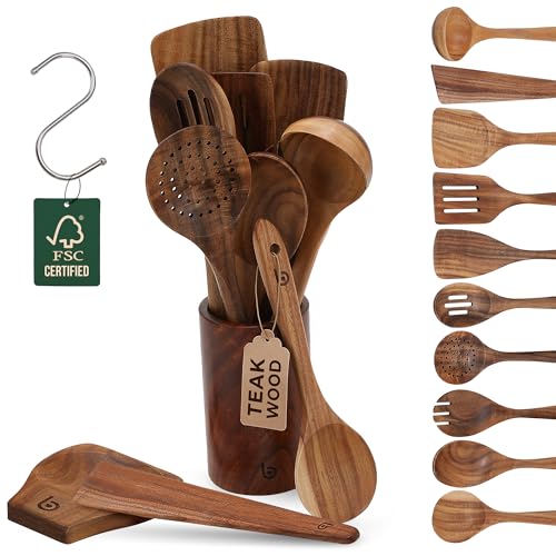 Teak Wood Utensil Set - 12-Piece Natural Wooden Cooking Tools for Nonstick & Durable Kitchen Use