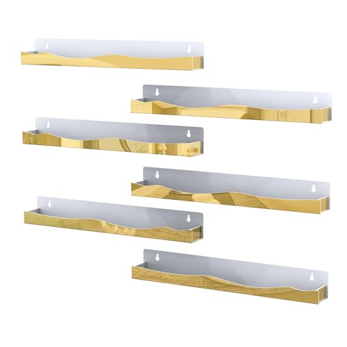 6 Pack Nail Polish Wall Rack Mirror Gold Acrylic Wall Mount Ledges with Stopper 15 Inch Kids Bookshelf Tattoo Ink Essential Oils Figurine Display Shelves Spice Rack for Salons Retailers Home