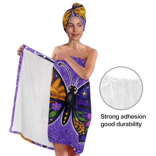 Women's Boho Butterfly Towel Wrap & Hair Drying Cap Set - Celestial Moon Sun Print - Quick Dry Microfiber Spa Wrap - Variation Butterfly 1