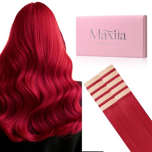 MAXITA Colored Hair Extensions Tape Ins - Highlighted Human Hair, 20 Inch, 10PCS, Red Hot Variation
