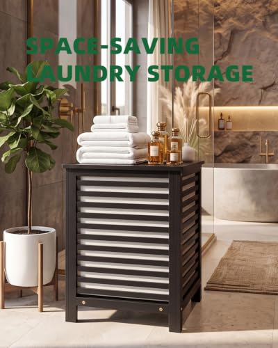 Double Laundry Hamper with Lid & Removable Liners - 120L Bamboo Laundry Basket, 2-Section Clothes Divider, Space Saving Design, Black