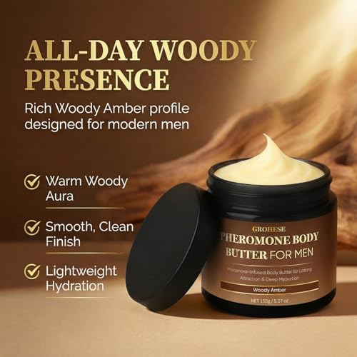 Allaura Beauty Woody Amber Pheromone Body Butter for Men – Hydrating Fragrance Moisturizer with Shea & Coconut Oil