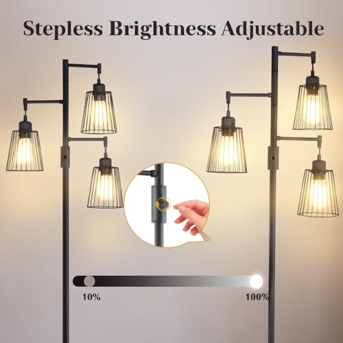 PESRAE Matte Black Dimmable Industrial Floor Lamp with Teardrop Cage Heads & 3 LED Bulbs