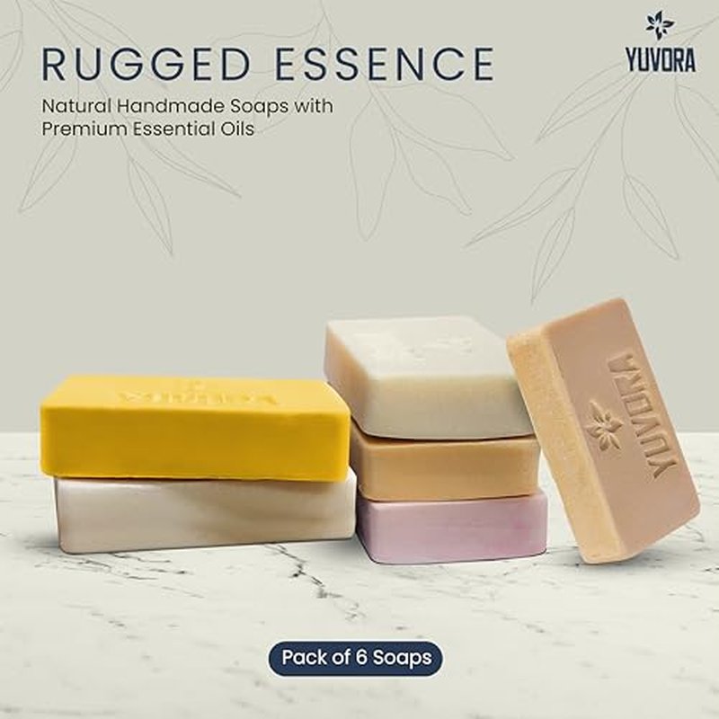 6 Pcs Men Natural Handmade Body Soaps 5 OZ Pack Set Rugged Essence Long lasting Fragrance Luxurious Scents with Natural Ingredients ? Sulfate & Paraben Free, Vegan Soap
