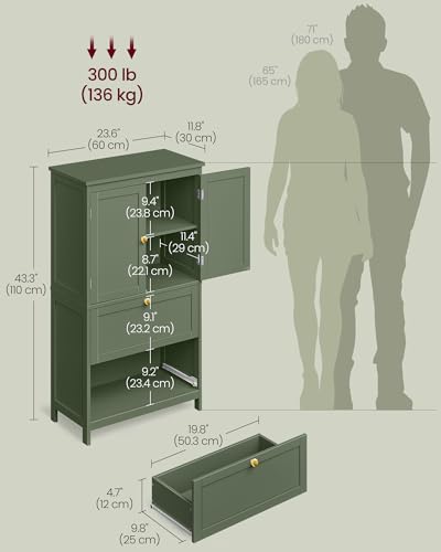 VASAGLE Bathroom Floor Cabinet with 2 Doors & 2 Drawers - Forest Green, Adjustable Shelves