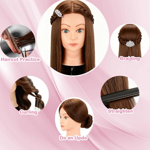 Beauty Star Mannequin Head with 100% Real Human Hair -18inch Doll Styling Head for Braiding Practice & Cosmetology Training, Updos, Manikin Head Includes Clamp Stand£¨Dark Brown Hair and Blue Eyes)