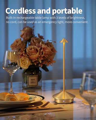 Cordless Gold Table Lamp Set of 2 - Portable LED Desk Lamps for Home & Office