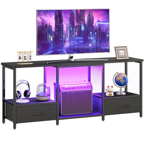 Black LED TV Stand with Storage for 55-Inch TVs, Open Shelves & Drawer