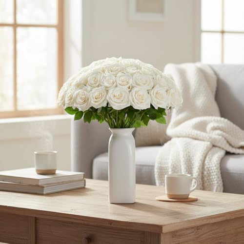 Ivory Artificial Rose Flowers Bulk Pack - Realistic Long Stem Fake Flowers for Wedding & Home Decor