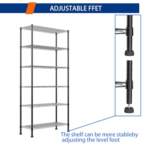 Black 6-Tier Wire Shelving Unit - Adjustable Metal Storage Rack for Laundry Kitchen Bathroom 14.1"D x 30"W x 80"H