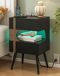 Black Nightstand with Charging Station & LED Lights, Modern Bedside Table with 2 Drawers