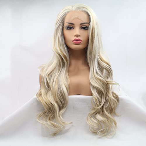 Wigs Piano Color Highlight Golden Hair Mixed White Blonde Synthetic Lace Front Wig - Gold Variation