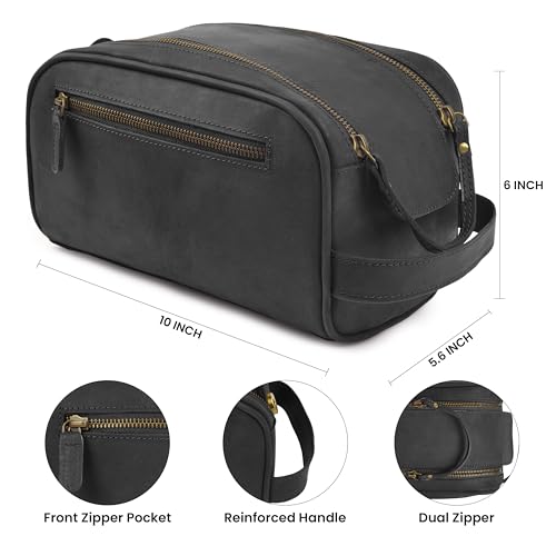 mds Genuine Leather Toiletry Bag for Men - Unisex Rustic Classic Vintage Handcrafted Full-Grain Leather Travel Dopp Kit with Waterproof Lining & Handle, Shaving & Grooming Kit Organizer Pouch - Black