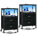 Furologee Black Oak Nightstand Set of 2 with LED Lights & Charging Stations