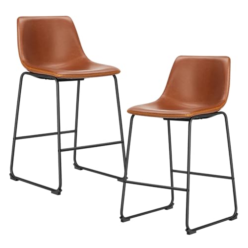 Counter Height Bar Stools Set of 2 - Warm Brown Faux Leather & Metal