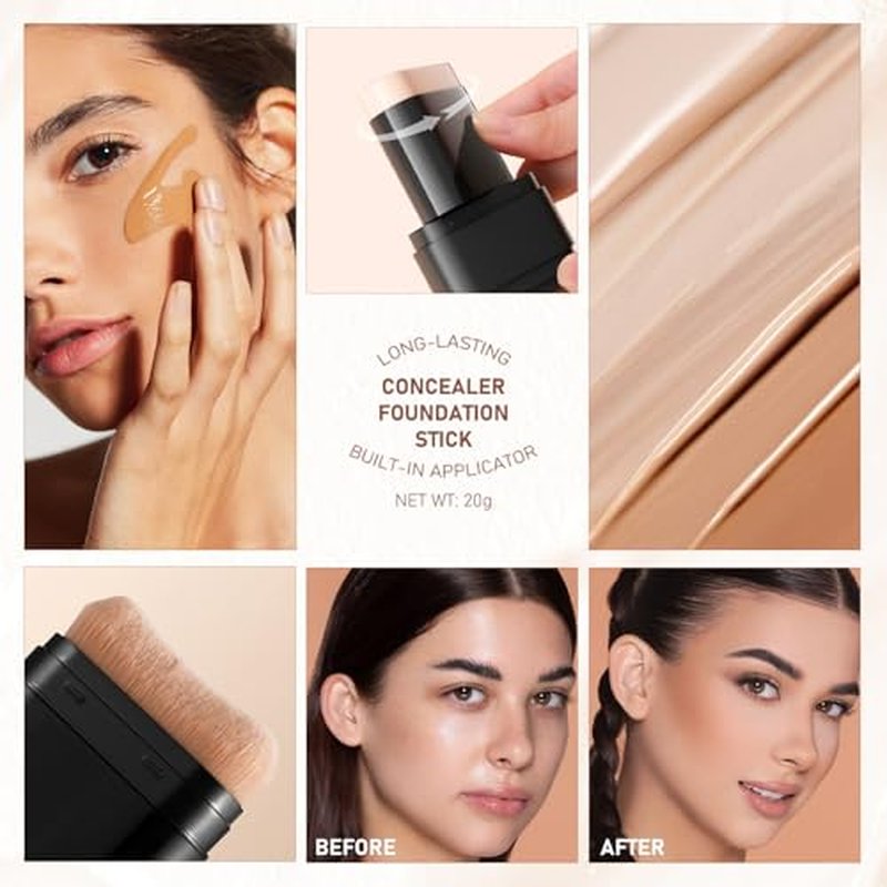 2PCS Foundation Stick, 2 in 1 Dual-Ended Long-Lasting Concealer Foundation Stick, Face Contouring foundation with Brush, Full Coverage Matte Finish for Face Makeup(02natural)