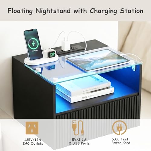 Floating Nightstand Set of 2 with Charging Station and Drawer - Black