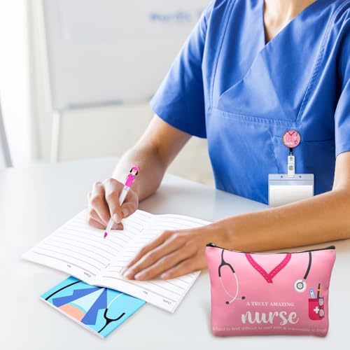 Yeaqee 48 Pcs Nurse Christmas Appreciation Gifts Set Bulk Include Makeup Cosmetic Bag Pocket Journal Notebooks Ballpoint Pen Badge Reel for Christmas Women Rn Assistant Student(Multicolor,Stethoscope)
