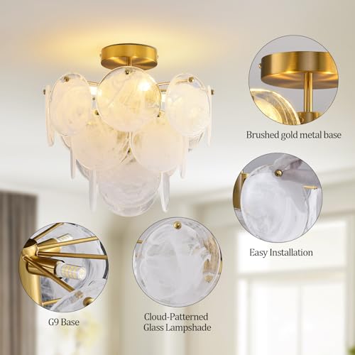 Gold White Cloud Glass Ceiling Light Fixture Modern Semi Flush Mount Round Lighting for Bedroom Living Room Foyer