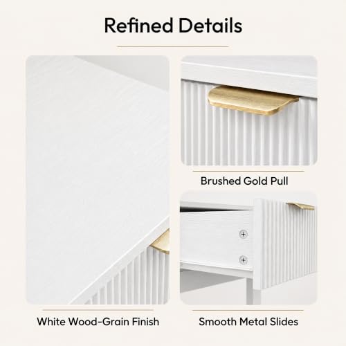 White Fluted Front Nightstand - Small 15" Wide Bedroom Side Table with Drawer & Shelf - Modern Compact Storage - Variation of THIS listing: White / Fluted / 1