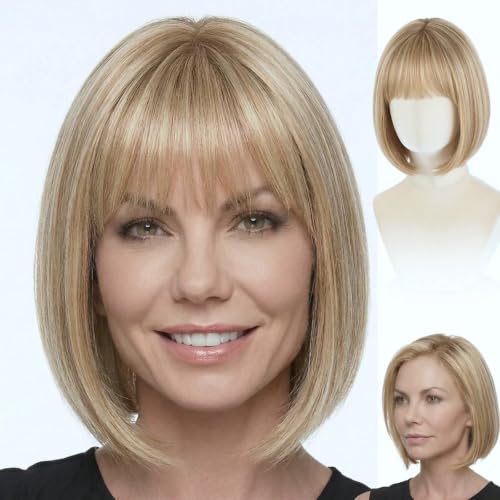 Women’s Short Bob Wig 12 Inch Honey Light Blonde Soft Waves Glueless Synthetic Hair