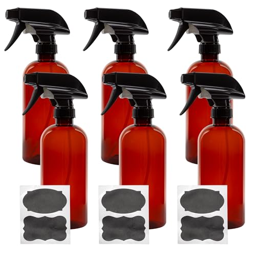 16oz Amber Plastic Spray Bottles with Heavy Duty Mist & Stream Sprayers - Pack of 6 - Chalkboard Labels Included
